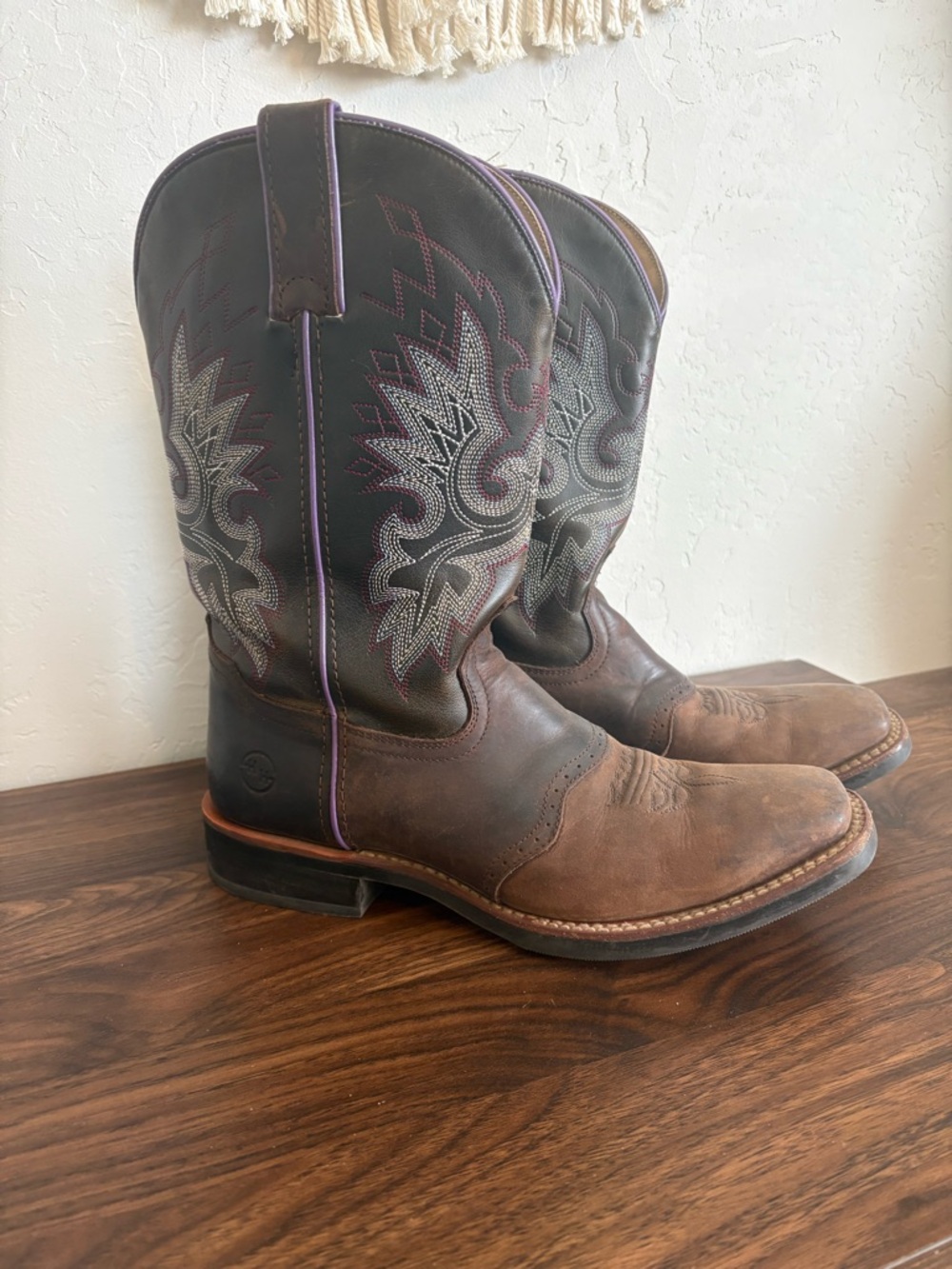 Brown Leather Western Cowboy Boots with Dark Shaft and Embroidered Design